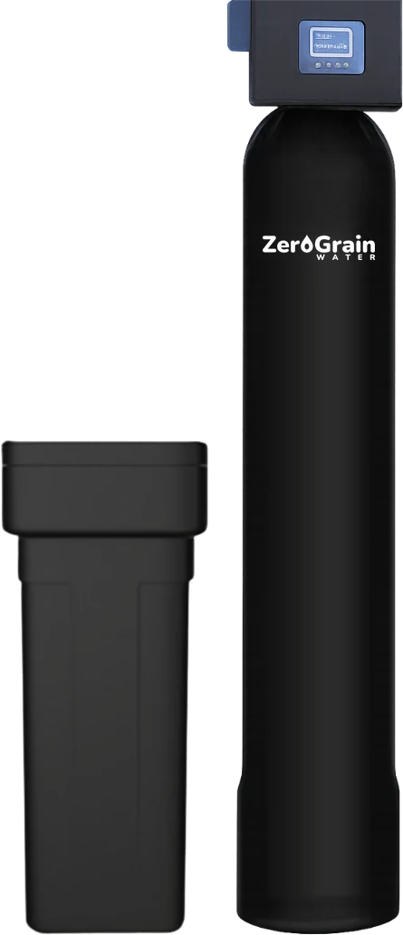 Studio image of a whole-home softener: the tall resin tank with its control head, next to the shorter brine tank that holds the salt